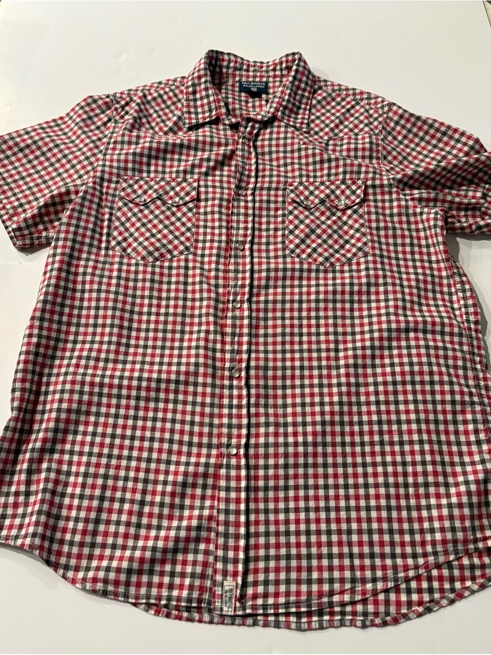 Men's Pilo Jeans Co Ralph Lauren Red, gray and White Plaid Short-Sleeve Shirt